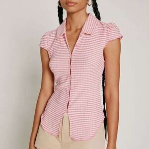 Kimchi Blue Pink White Gingham Plaid Seersucker Button Up Top Large